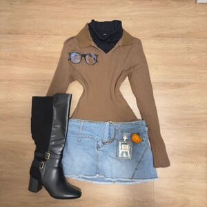 Quiet Luxury Brown Ribbed Collared Long Sleeve Sweater